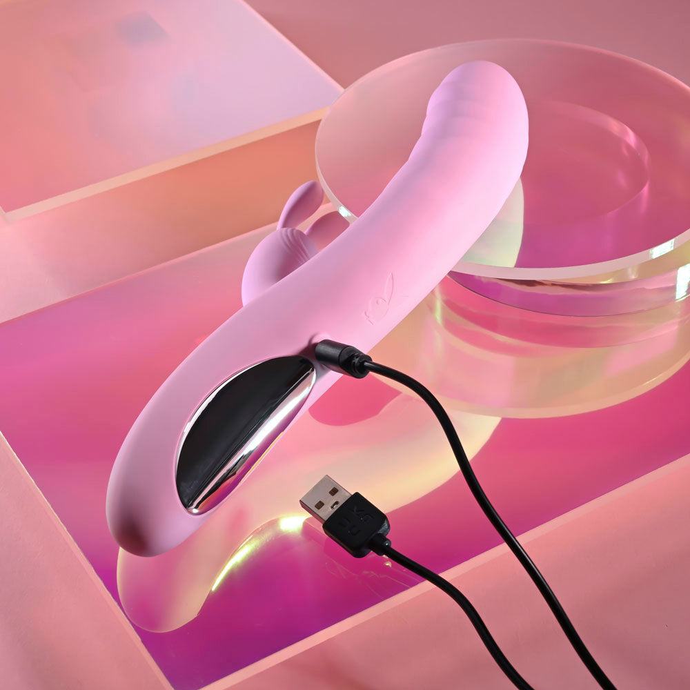 Playboy Pleasure Rub Me Right Pink 23.2 Cm Usb Rechargeable Thrusting Rabbit Vibrator