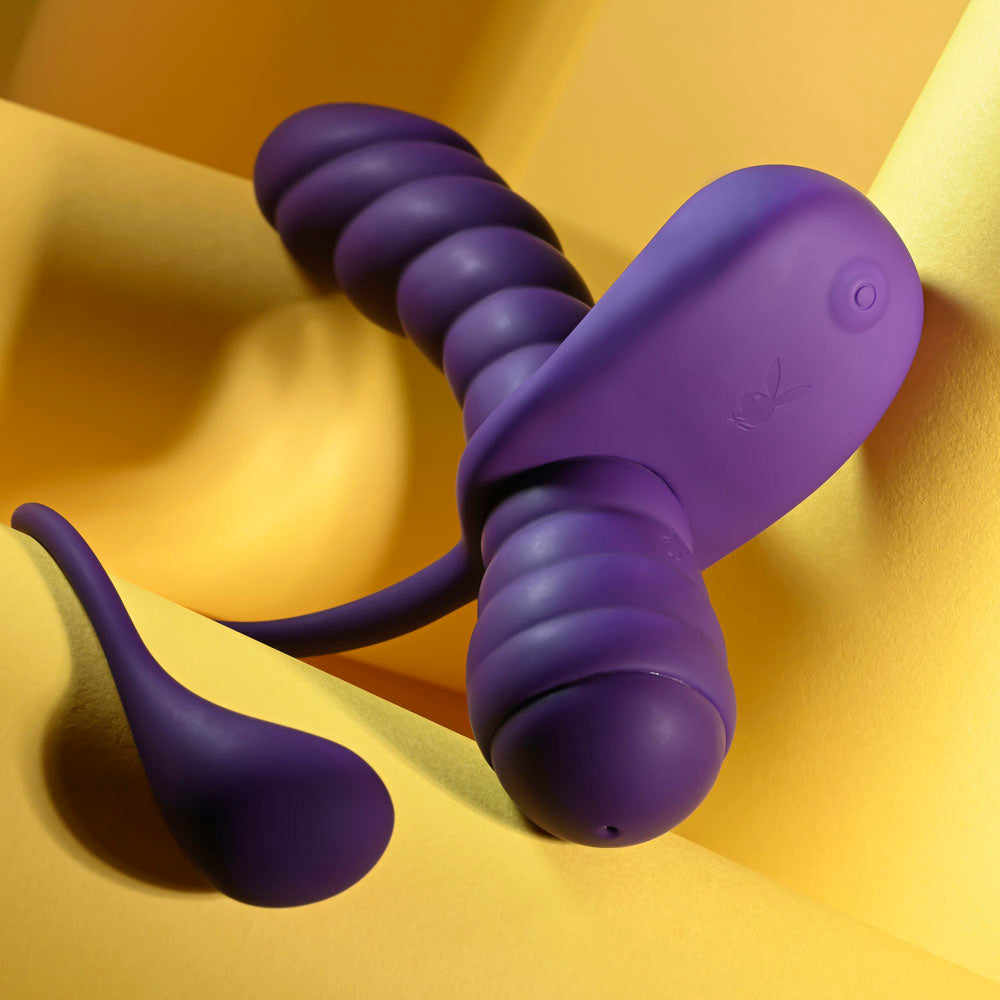 Playboy Pleasure Twisted Playground Purple Usb Rechargeable Vibrator And Cock Ring Kit