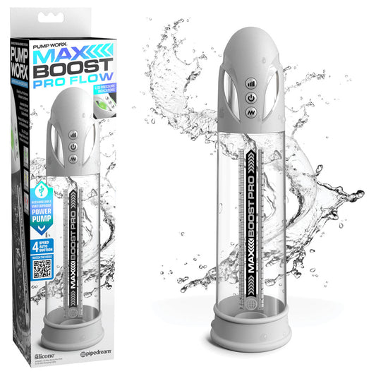 Pump Worx Max Boost Pro Flow White White/Clear Usb Rechargeable Waterproof Auto Penis Pump