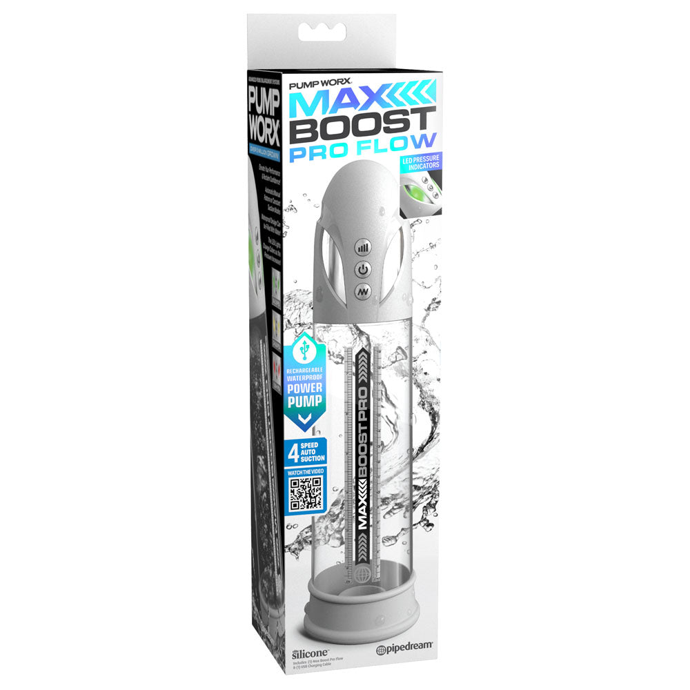Pump Worx Max Boost Pro Flow White White/Clear Usb Rechargeable Waterproof Auto Penis Pump
