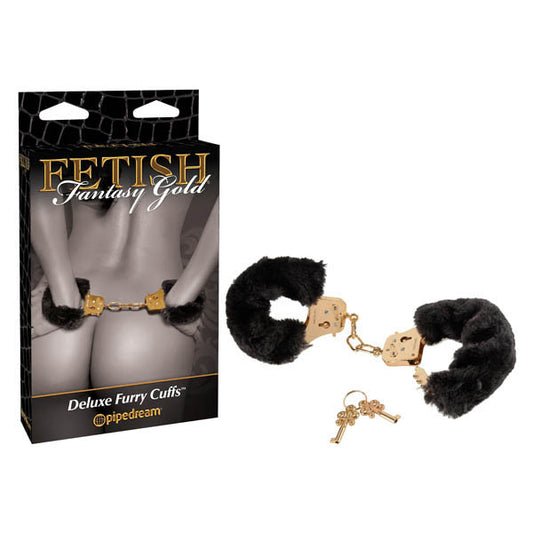 Fetish Fantasy Gold Deluxe Furry Cuffs Black/Gold Furry Restraints