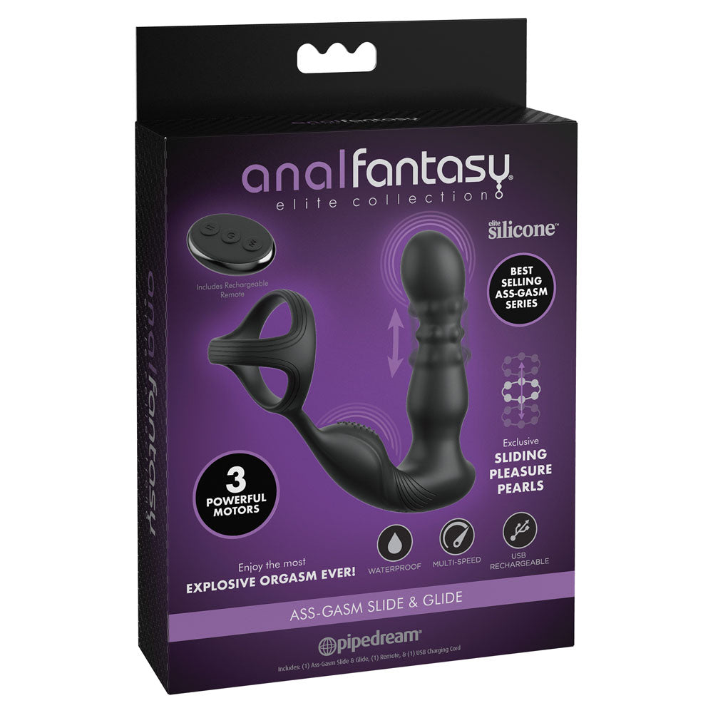Anal Fantasy Elite Ass Gasm Slide & Glide Black Usb Rechargeable Prostate Massage With Cock Ring