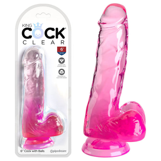 King Cock Clear 6'' Cock With Balls Pink Pink 15.2 Cm Dong