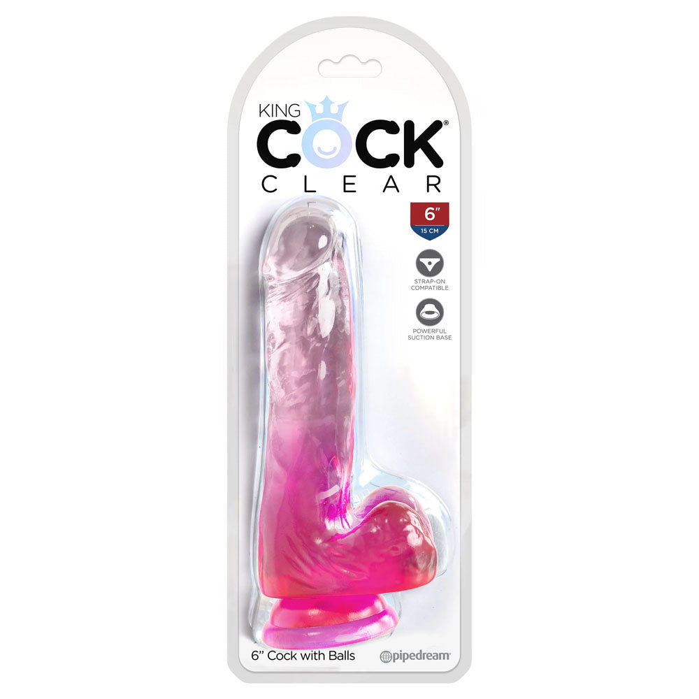 King Cock Clear 6'' Cock With Balls Pink Pink 15.2 Cm Dong