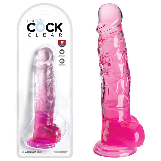 King Cock Clear 8'' Cock With Balls Pink Pink 20.3 Cm Dong