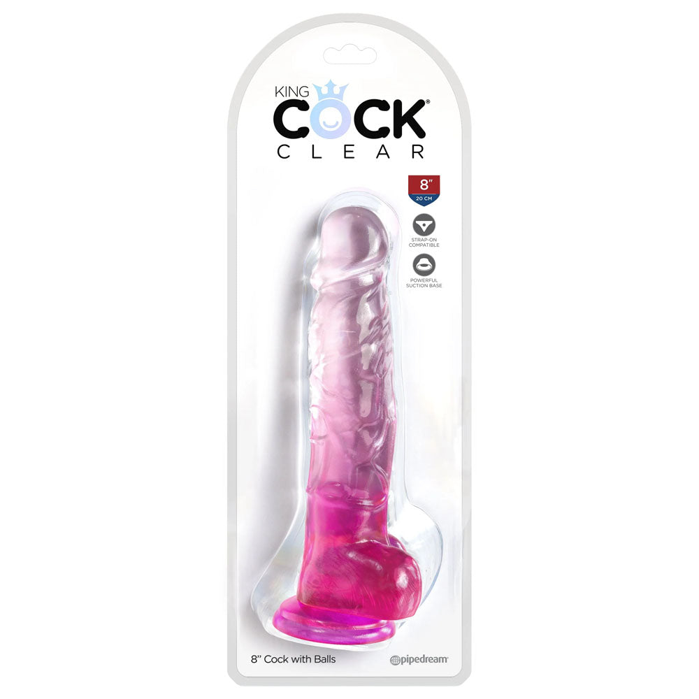 King Cock Clear 8'' Cock With Balls Pink Pink 20.3 Cm Dong