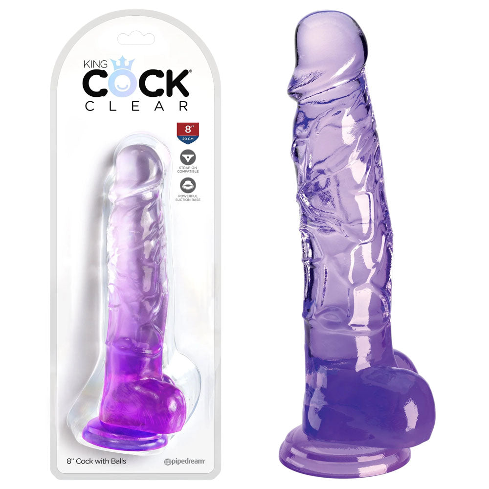 King Cock Clear 8'' Cock With Balls Purple Purple 20.3 Cm Dong