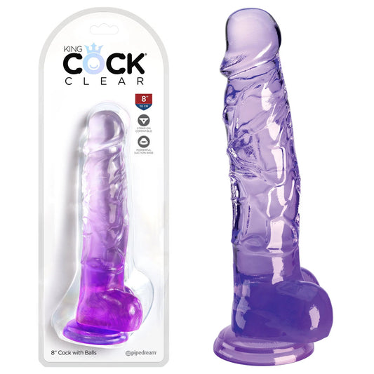 King Cock Clear 8'' Cock With Balls Purple Purple 20.3 Cm Dong