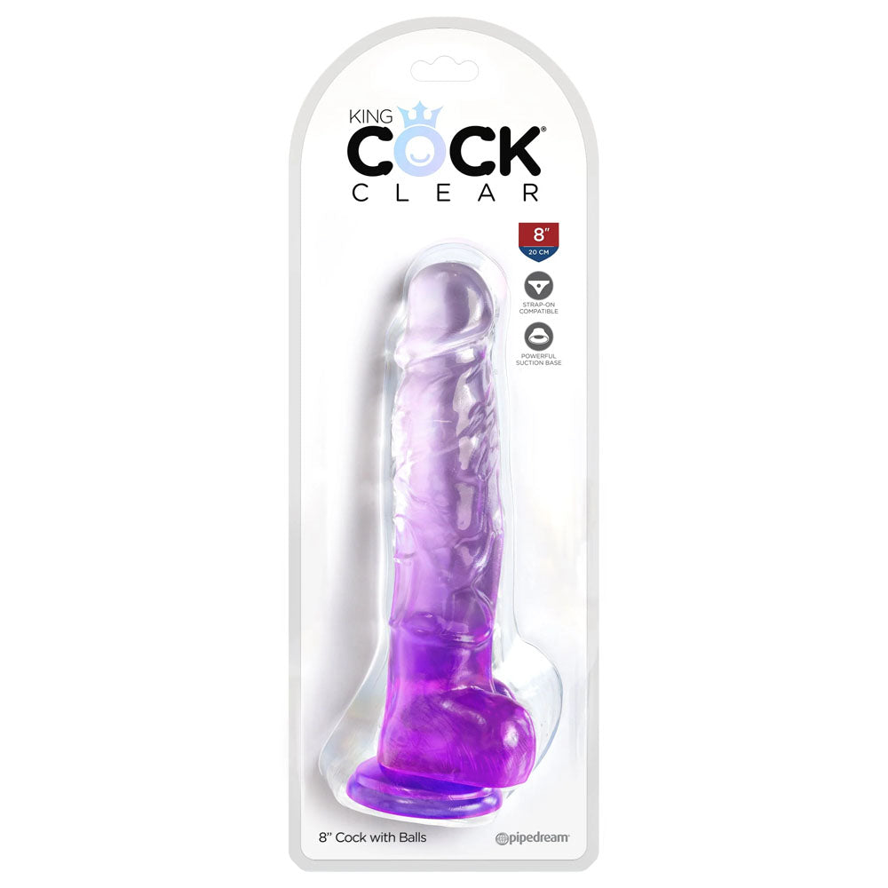 King Cock Clear 8'' Cock With Balls Purple Purple 20.3 Cm Dong