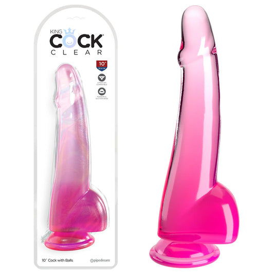 King Cock Clear 10'' Cock With Balls Pink Pink 25 Cm Dong