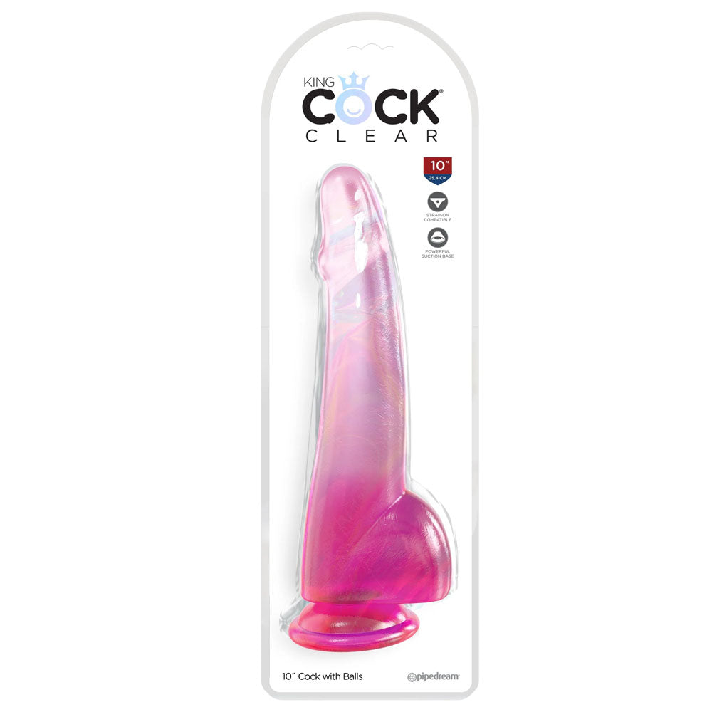 King Cock Clear 10'' Cock With Balls Pink Pink 25 Cm Dong
