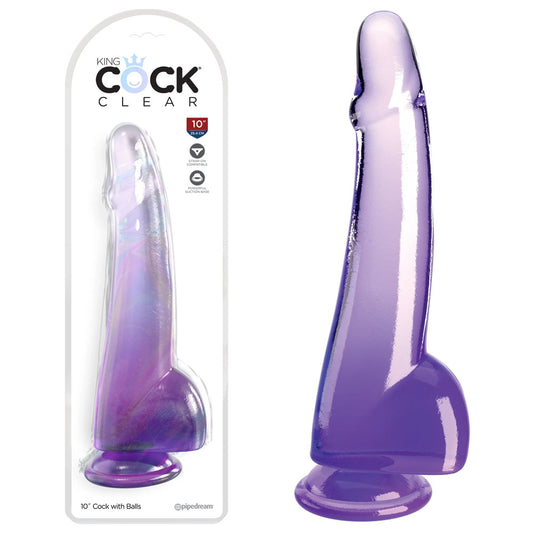 King Cock Clear 10'' Cock With Balls Purple Purple 25 Cm Dong