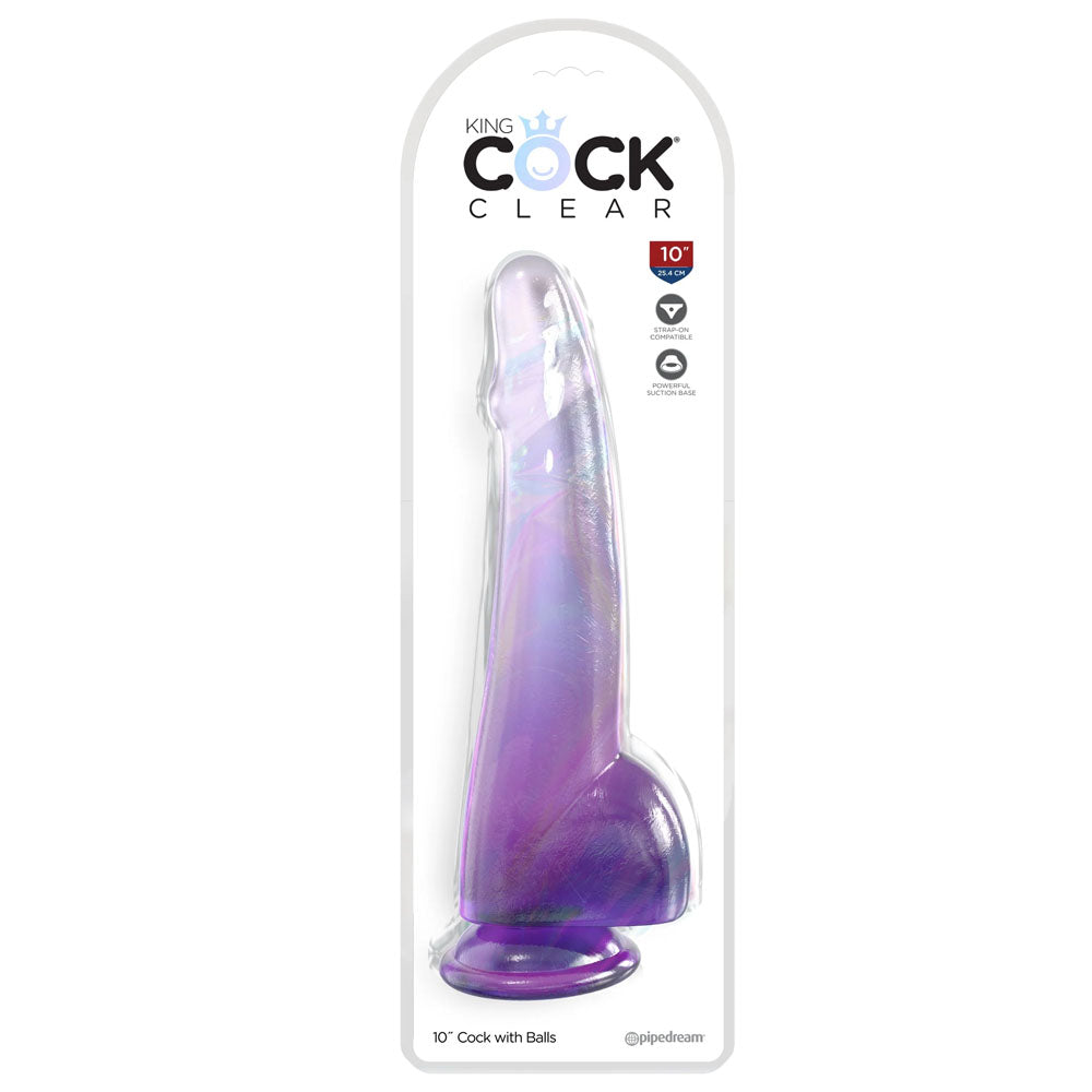 King Cock Clear 10'' Cock With Balls Purple Purple 25 Cm Dong