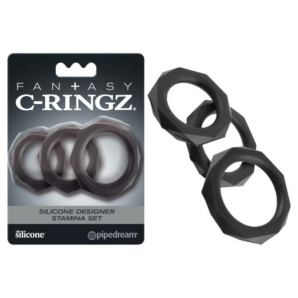 Fantasy C Ringz Silicone Designer Stamina Set Black Cock Rings Set Of 3 Sizes