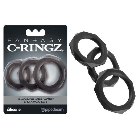 Fantasy C Ringz Silicone Designer Stamina Set Black Cock Rings Set Of 3 Sizes