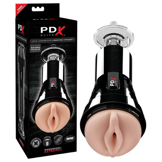 Pdx Elite Cock Compressor Vibrating Stroker Flesh Usb Rechargeable Vibrating Pussy Stroker With Suction Base