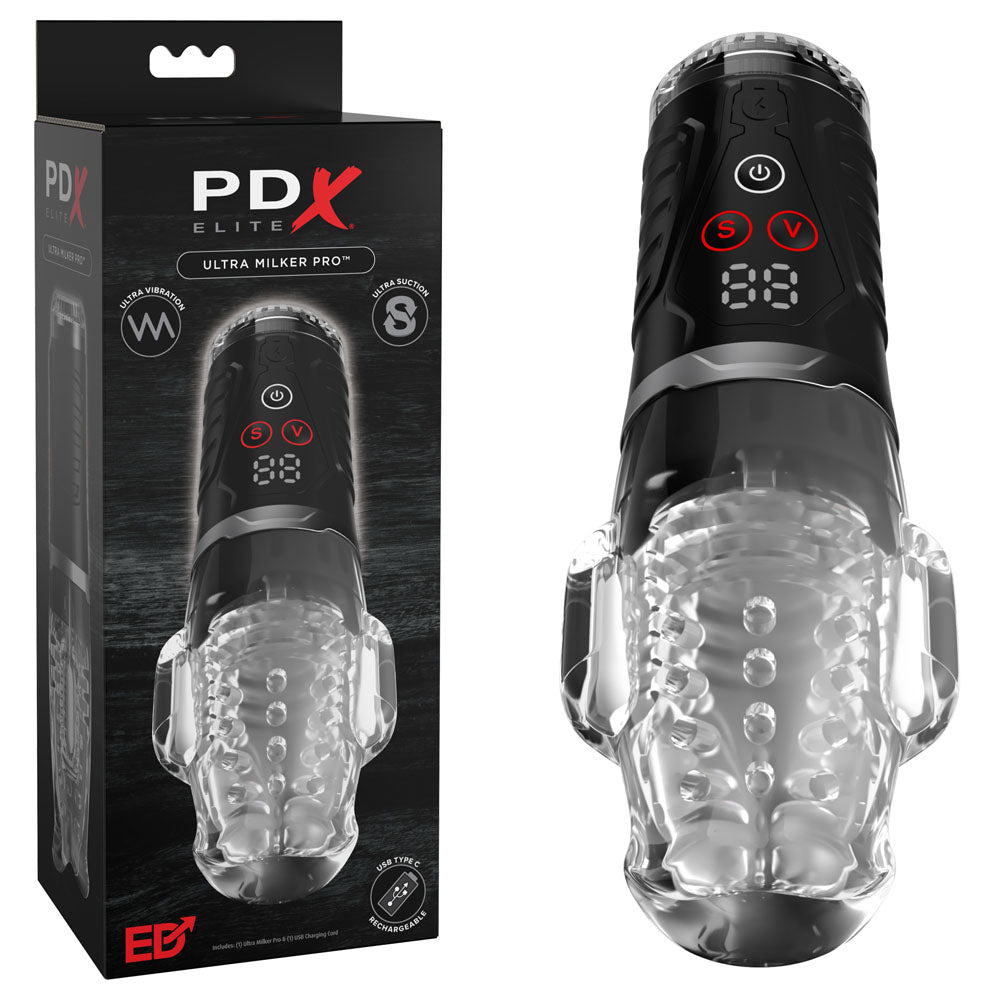 Pdx Elite Ultra Milker Pro Clear Usb Rechargeable Vibrating & Sucking Auto Stroker