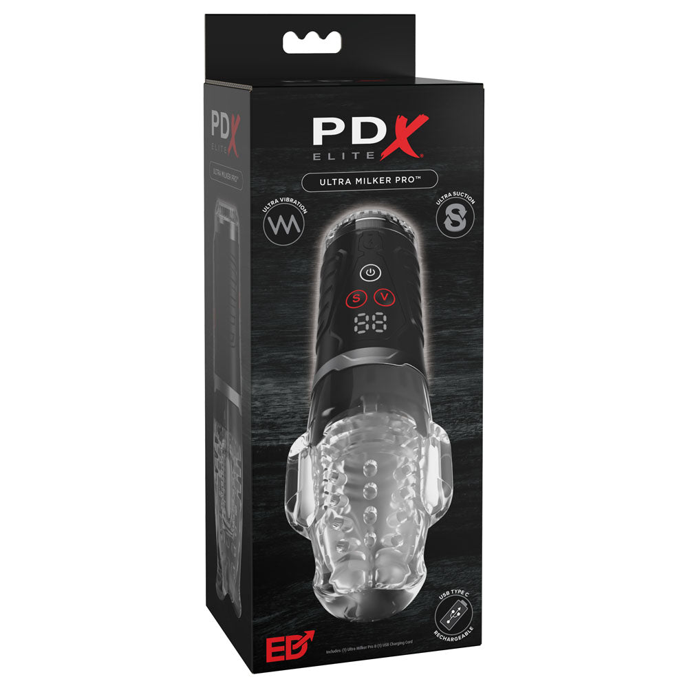 Pdx Elite Ultra Milker Pro Clear Usb Rechargeable Vibrating & Sucking Auto Stroker