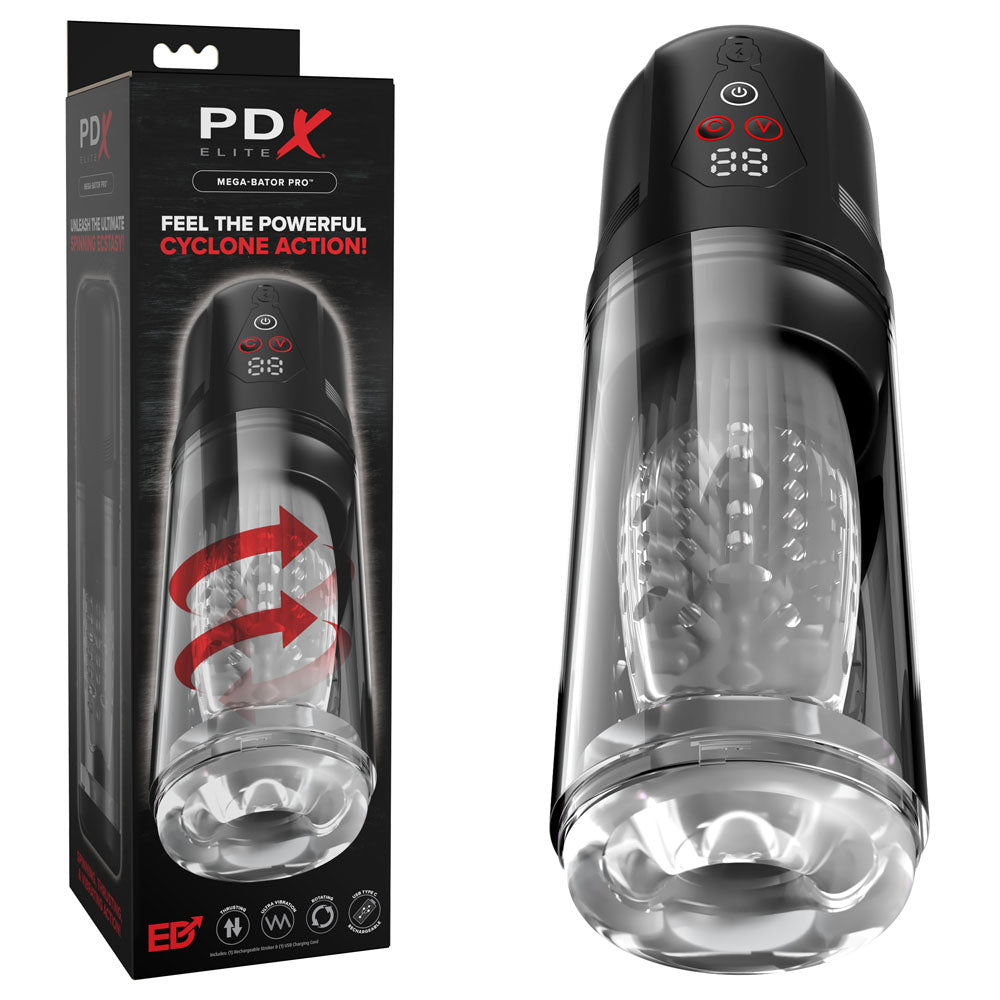 Pdx Elite Mega Bator Pro Clear Usb Rechargeable Vibrating & Spinning Auto Stroker