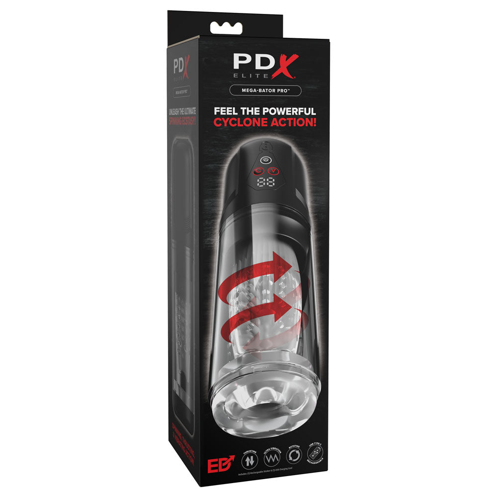 Pdx Elite Mega Bator Pro Clear Usb Rechargeable Vibrating & Spinning Auto Stroker
