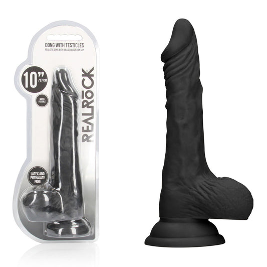 Realrock 10'' Realistic Dong With Balls Black Black 25.4 Cm Dong