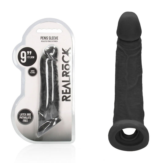 Realrock 9'' Realistic Penis Extender With Rings Black Black 22.9 Cm Penis Extension Sleeve