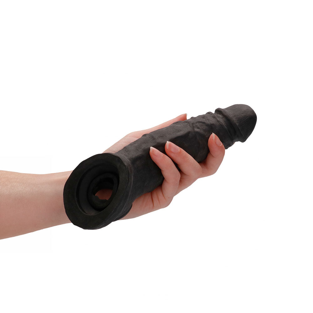 Realrock 9'' Realistic Penis Extender With Rings Black Black 22.9 Cm Penis Extension Sleeve