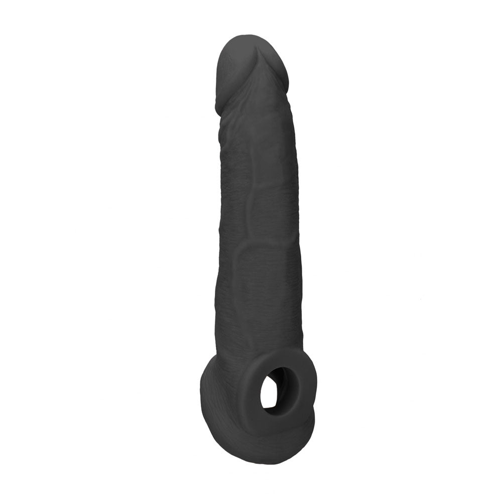 Realrock 9'' Realistic Penis Extender With Rings Black Black 22.9 Cm Penis Extension Sleeve