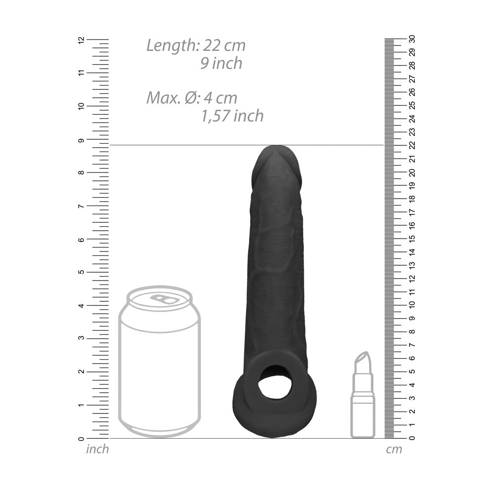Realrock 9'' Realistic Penis Extender With Rings Black Black 22.9 Cm Penis Extension Sleeve