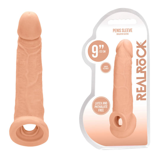 Realrock 9'' Realistic Penis Extender With Rings Flesh 22.9 Cm Penis Extension Sleeve