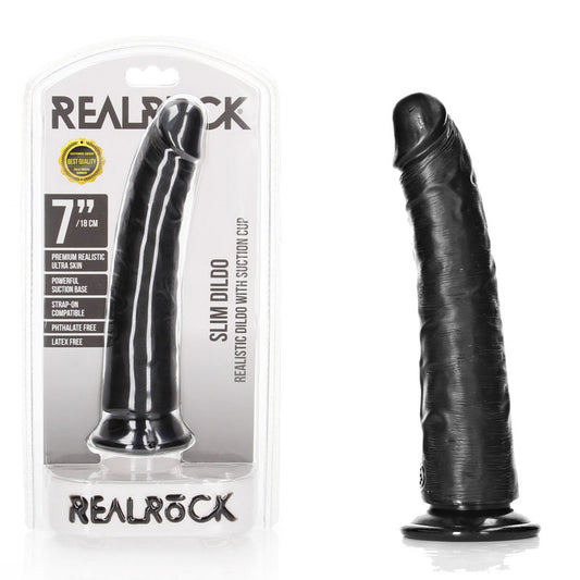 Realrock Realistic Slim Dildo With Suction Cup 18cm Black 18 Cm (7'') Dong