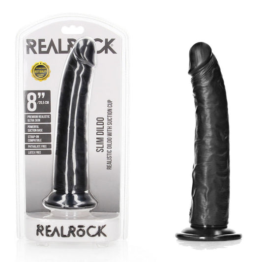Realrock Realistic Slim Dildo With Suction Cup 20.5cm Black 20.5 Cm (8'') Dong