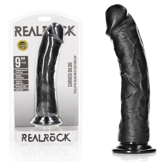 Realrock Realistic Regular Curved Dildo With Suction Cup 23 Cm Black 23 Cm (9'') Dong