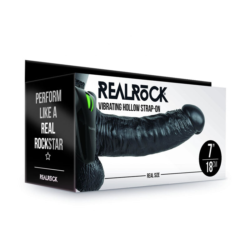 Realrock Vibrating Hollow Strapon + Balls 18cm Black Black 18 Cm Vibrating Hollow Strap On