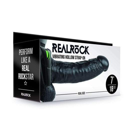 Realrock Vibrating Hollow Strapon + Balls 18cm Black Black 18 Cm Vibrating Hollow Strap On