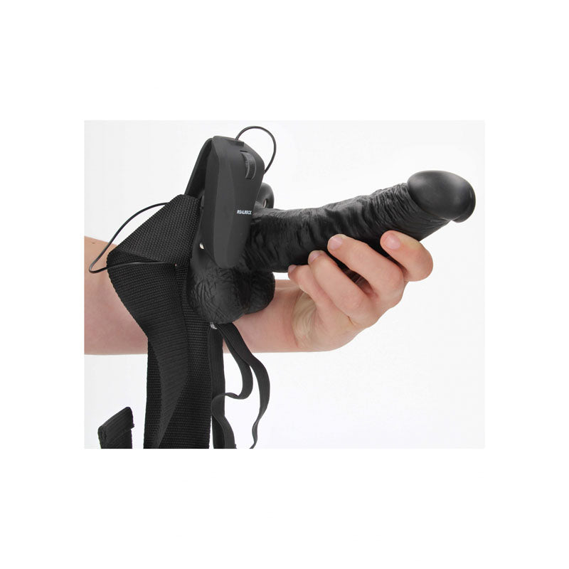 Realrock Vibrating Hollow Strapon + Balls 18cm Black Black 18 Cm Vibrating Hollow Strap On