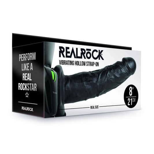 Realrock Vibrating Hollow Strap On 20.5 Cm Black Black 20.5 Cm Vibrating Hollow Strap On