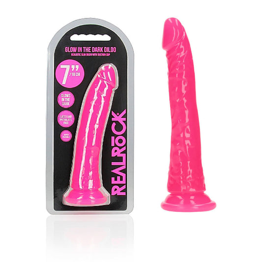 Realrock 18 Cm Slim Glow In The Dark Neon Pink Glow In Dark Pink 18 Cm (7'') Dong
