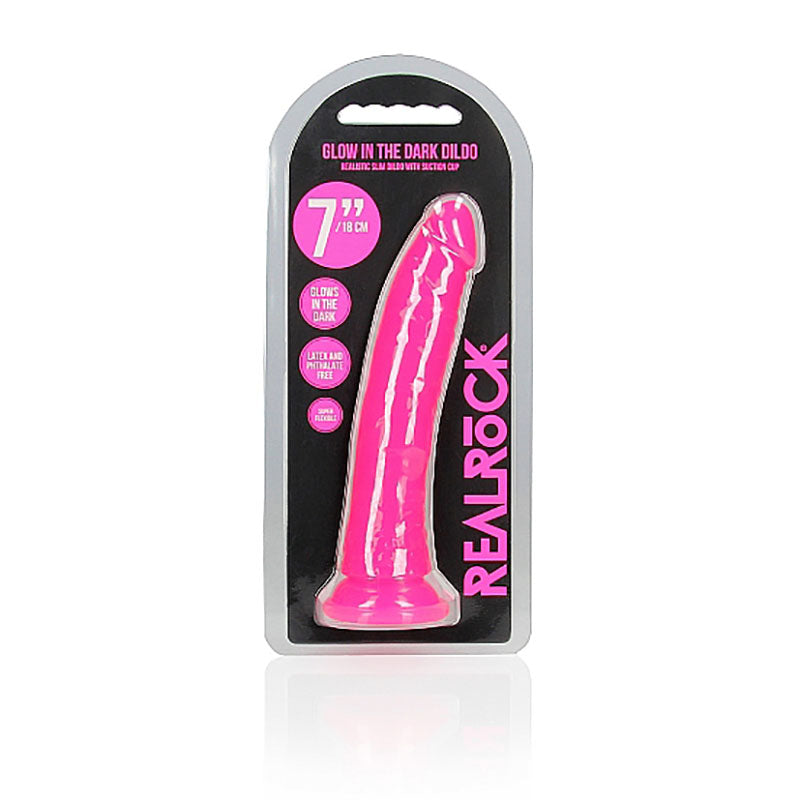 Realrock 18 Cm Slim Glow In The Dark Neon Pink Glow In Dark Pink 18 Cm (7'') Dong