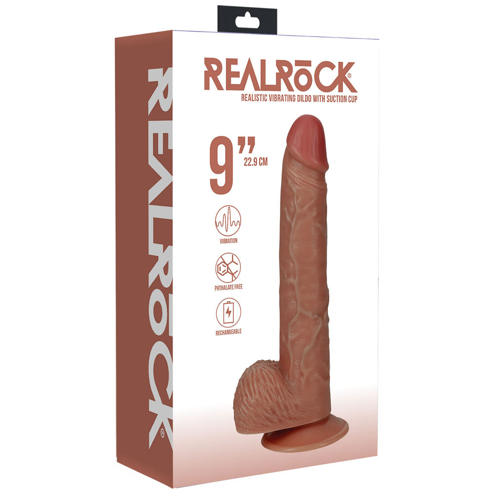 Realrock 23cm Vibrating Cock + Balls Tan Tan 22.9 Cm (9'') Usb Rechargeable Vibrating Dong
