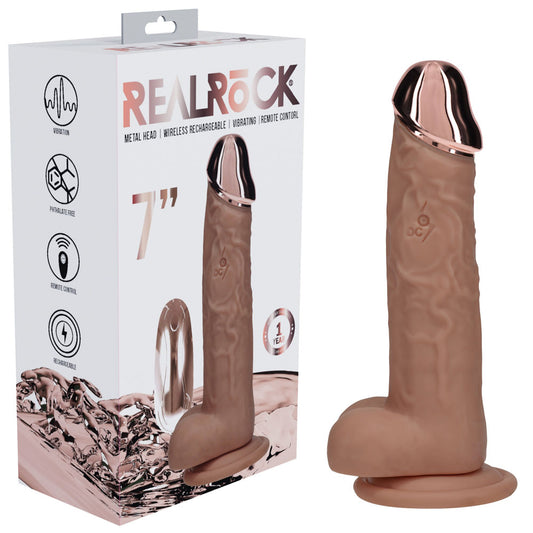 Realrock Metal Head 7'' Rechargeable Dildo Tan Tan 19 Cm Usb Rechargeable Vibrating Dildo With Metal Head And Wireless Remote