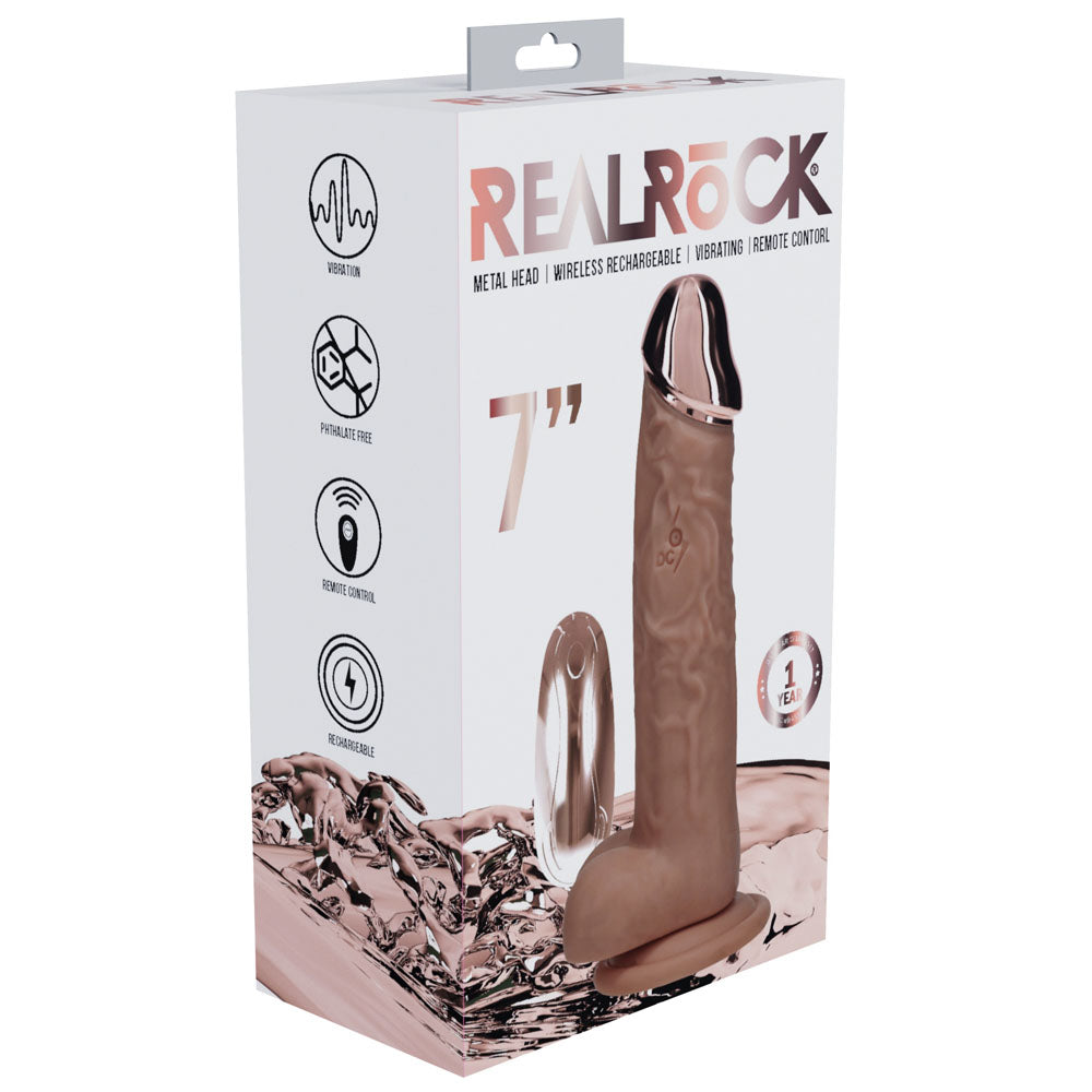 Realrock Metal Head 7'' Rechargeable Dildo Tan Tan 19 Cm Usb Rechargeable Vibrating Dildo With Metal Head And Wireless Remote