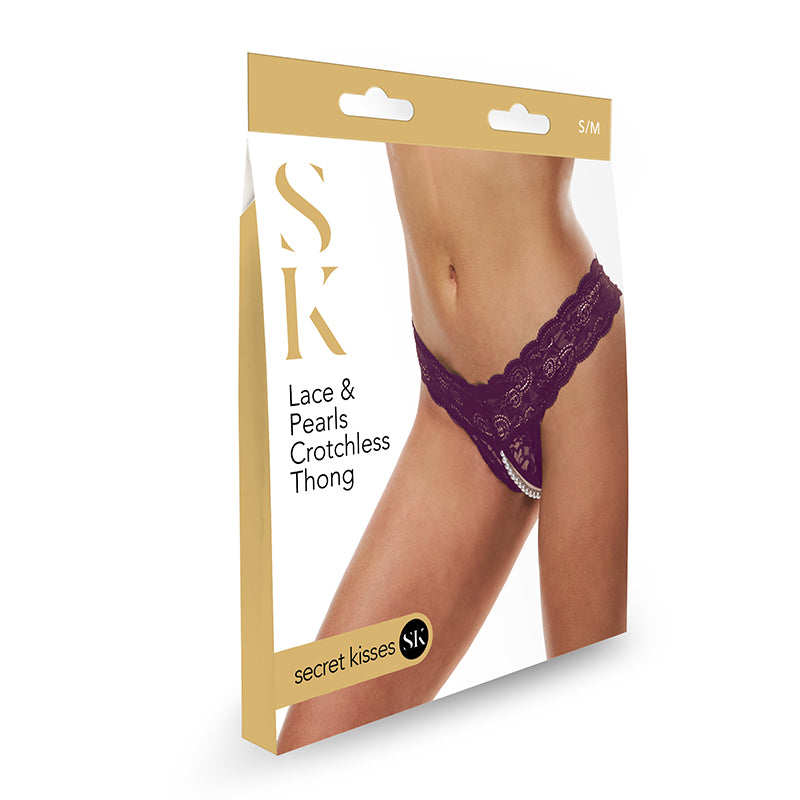 Secret Kisses Lace & Pearls Crotchless Thong Purple S/M Size