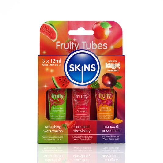 Skins Fruity Tubes Watermelon, Strawberry, & Mango & Passionfruit Flavoured Lubricants 12 Ml Bottles