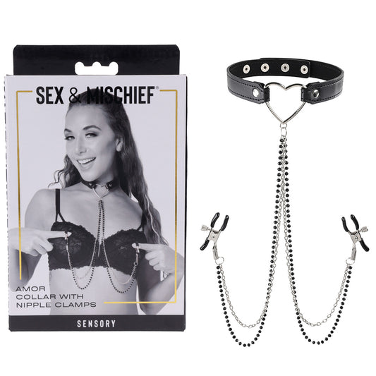 Sex & Mischief Amor Collar With Nipple Clamps Metal Restraints