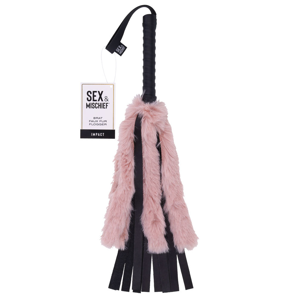 Sex & Mischief Brat Faux Fur Flogger Black 50 Cm Whip With Pink Faux Feather