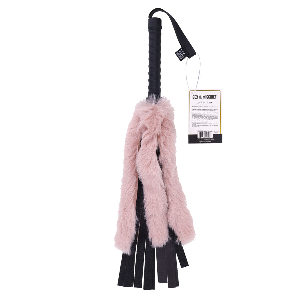 Sex & Mischief Brat Faux Fur Flogger Black 50 Cm Whip With Pink Faux Feather