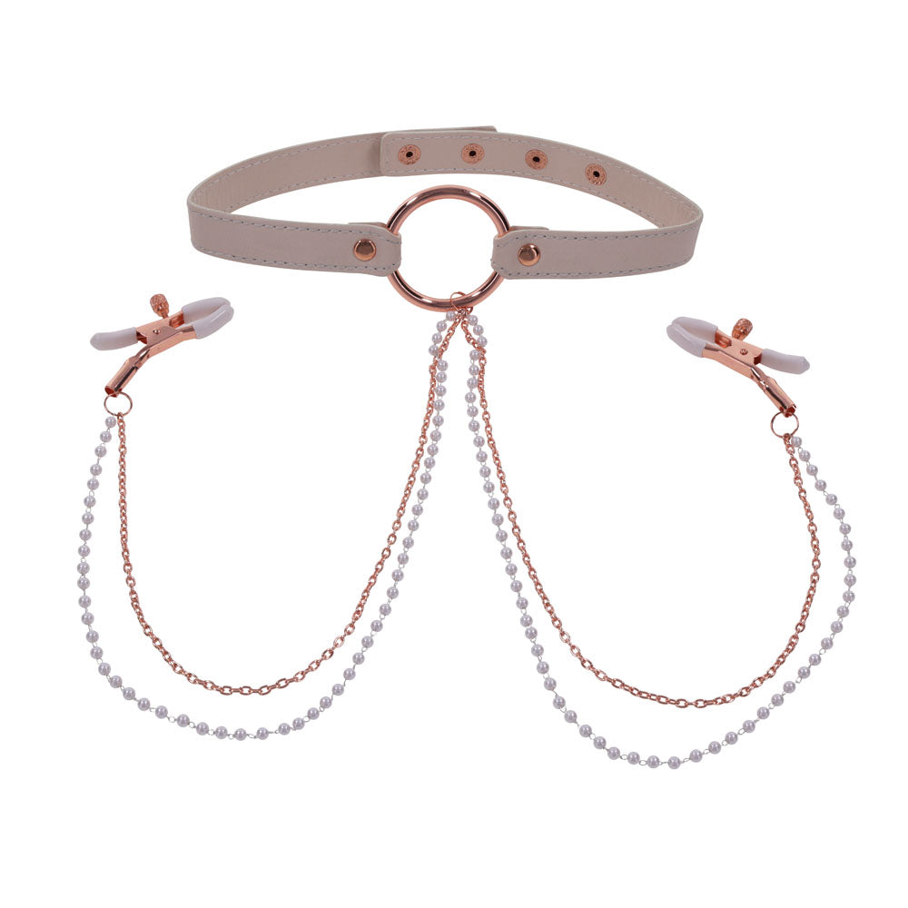 Sex & Mischief Peaches N Crea Me Collar With Nipple Clamps Peach Nipple Restraints