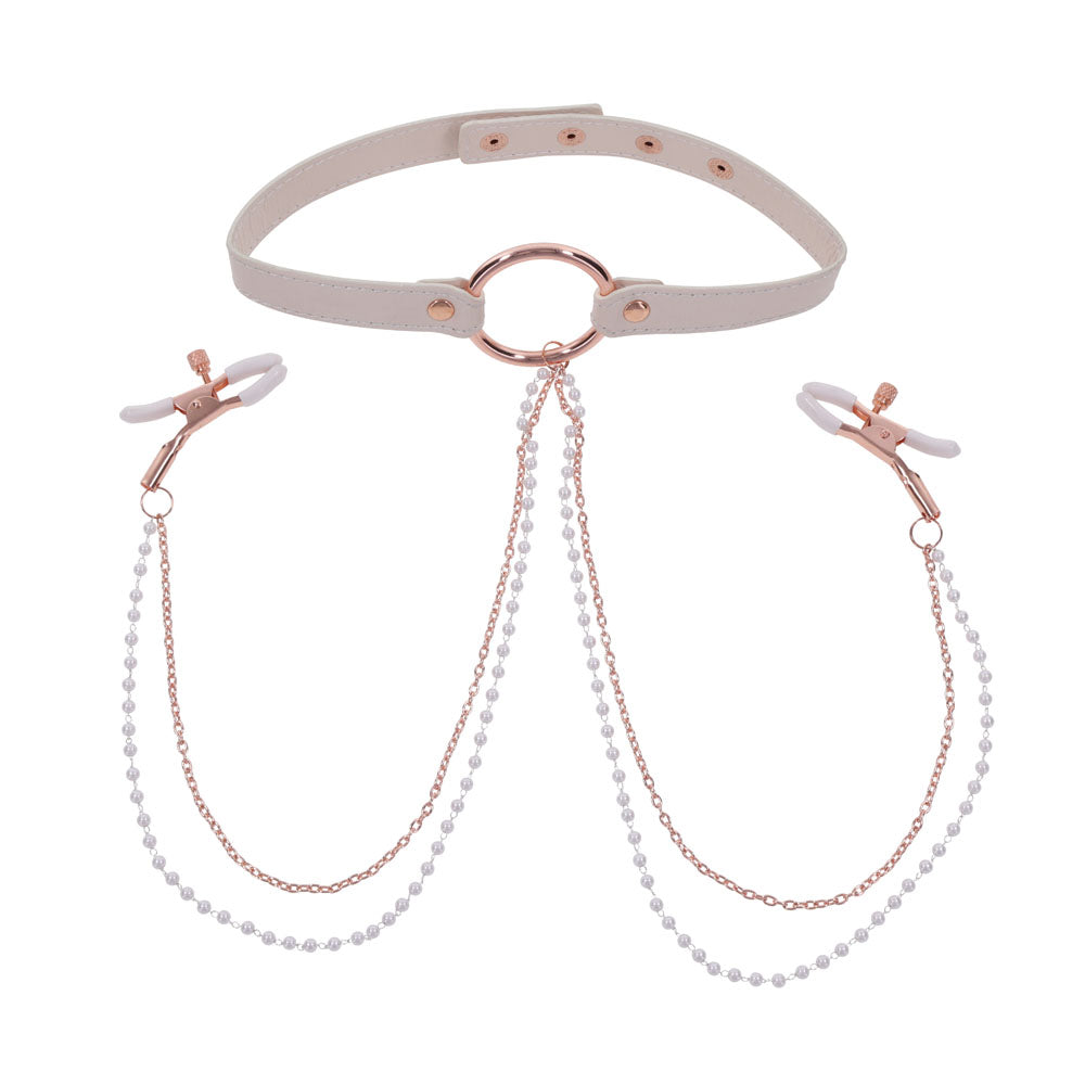 Sex & Mischief Peaches N Crea Me Collar With Nipple Clamps Peach Nipple Restraints