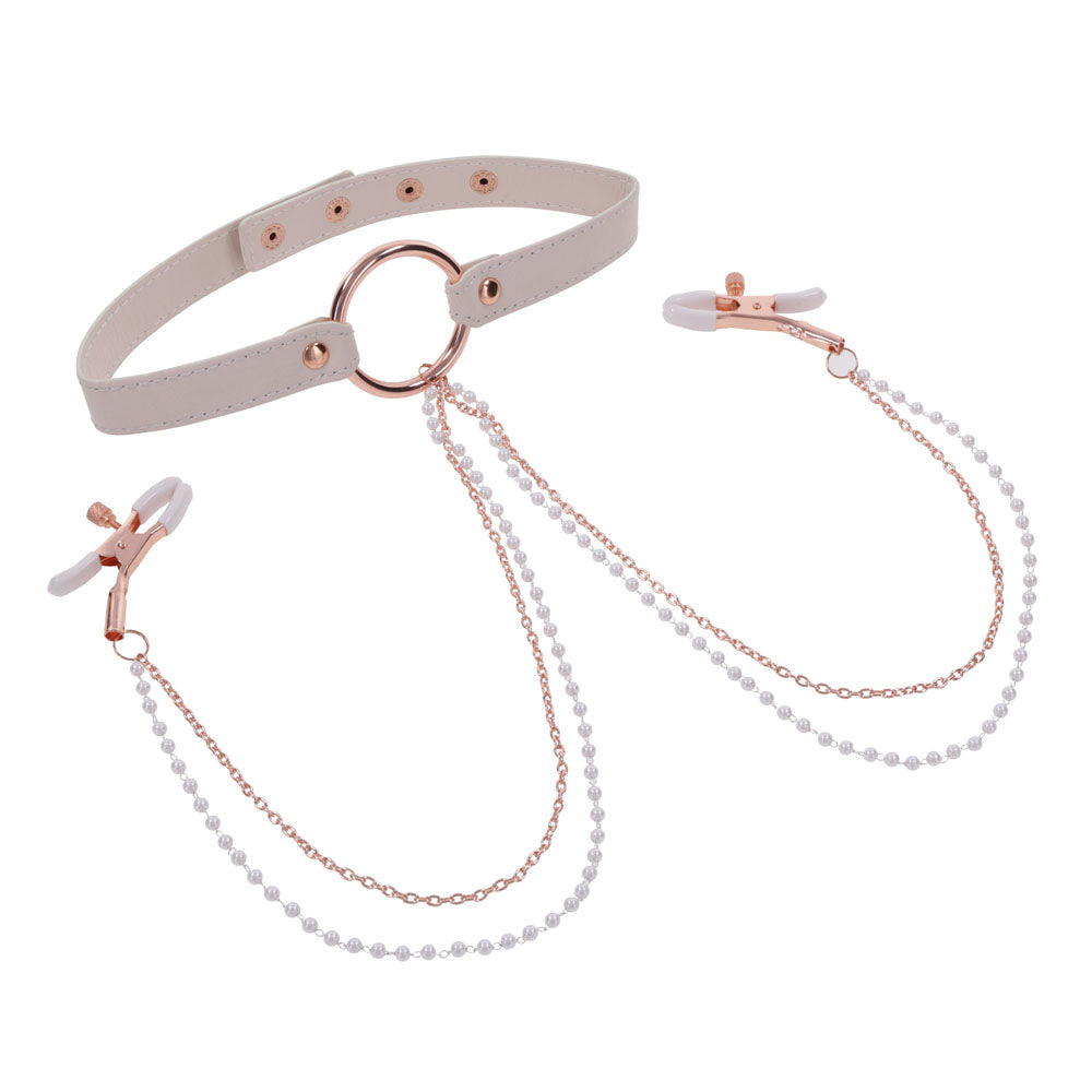 Sex & Mischief Peaches N Crea Me Collar With Nipple Clamps Peach Nipple Restraints